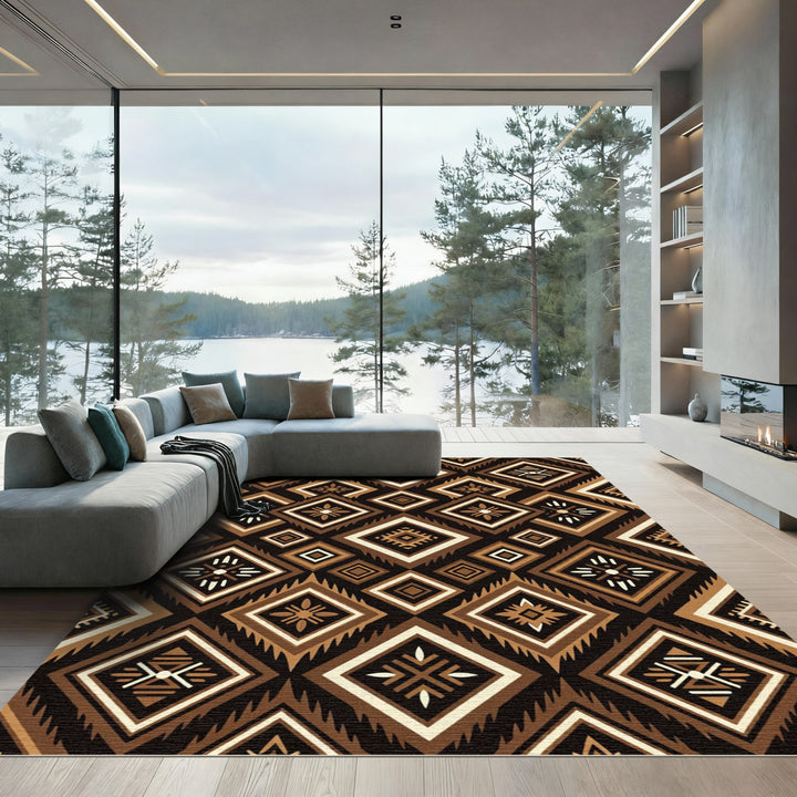 Earthy Brown Geometric Diamond Medallion Rug
