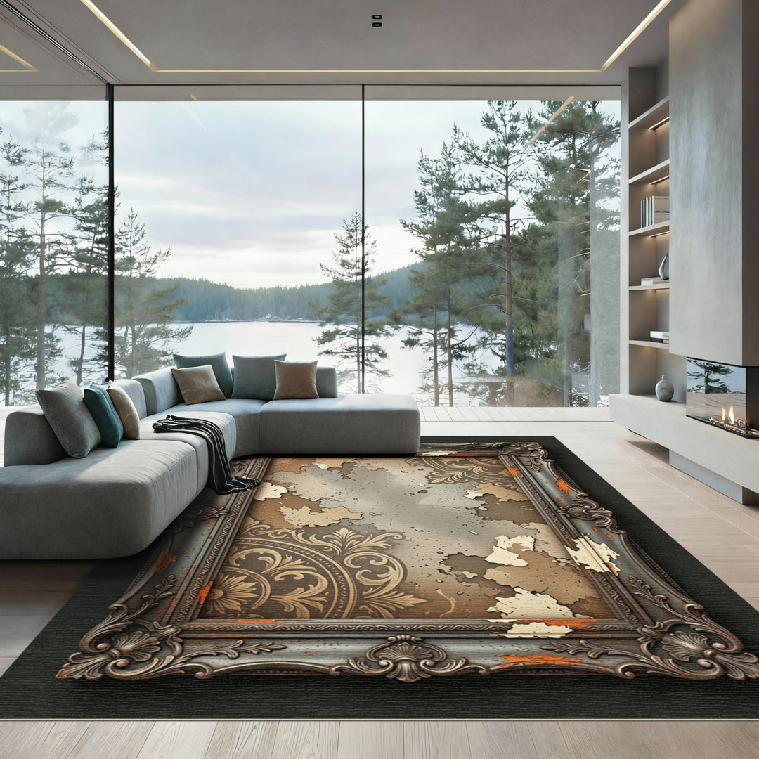 Ornate Aged Frame Faded Tapestry Rug