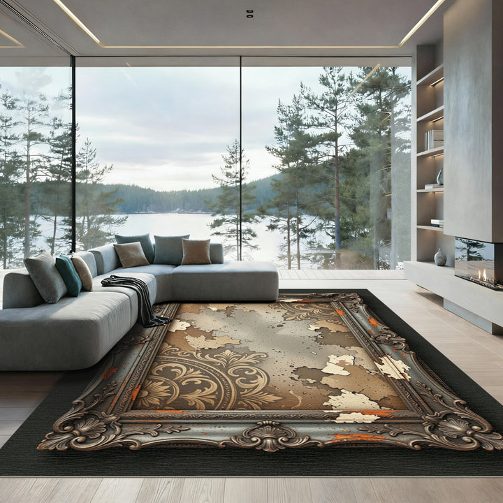 Ornate Aged Frame Faded Tapestry Rug