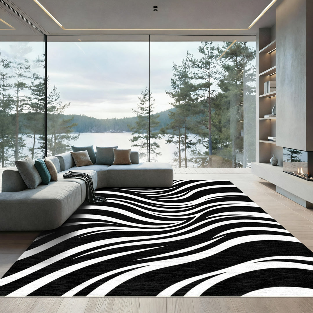 Flowing Black White Organic Stripes Rug