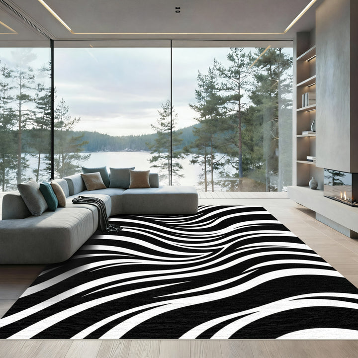 Flowing Black White Organic Stripes Rug