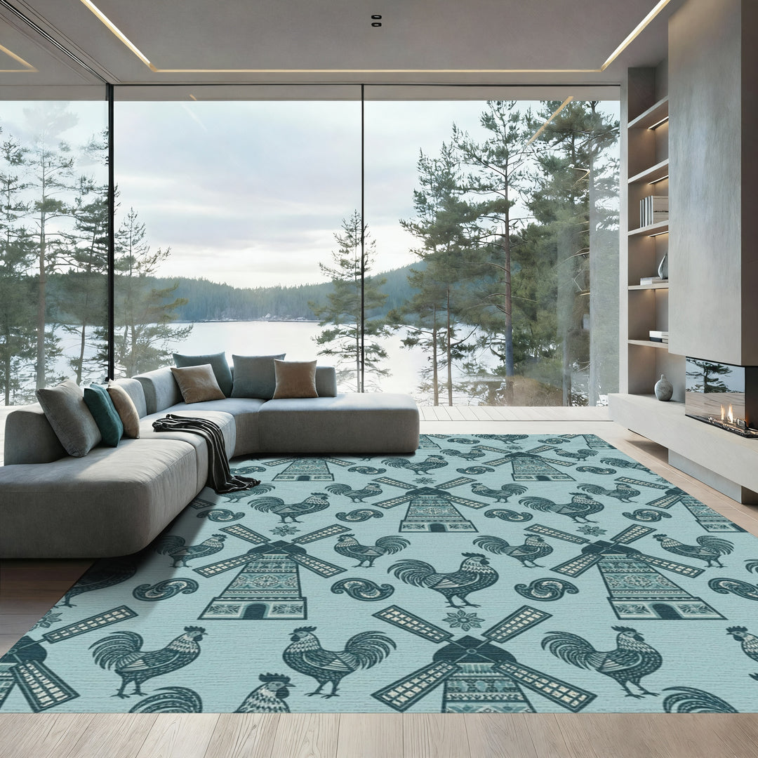 Teal Rooster Windmill Folk Art Rug