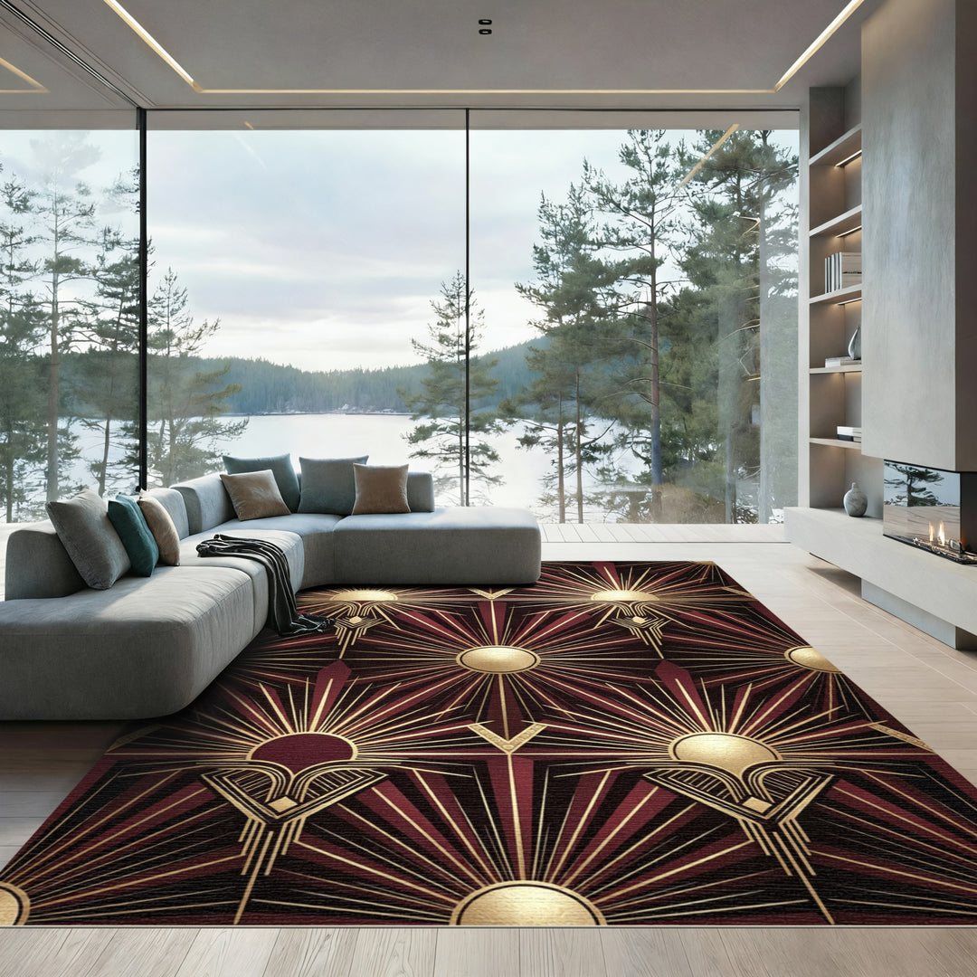 Art Deco Gold Sunburst Burgundy Rug