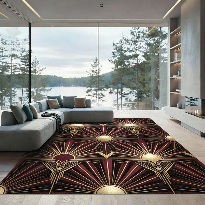 Art Deco Gold Sunburst Burgundy Rug
