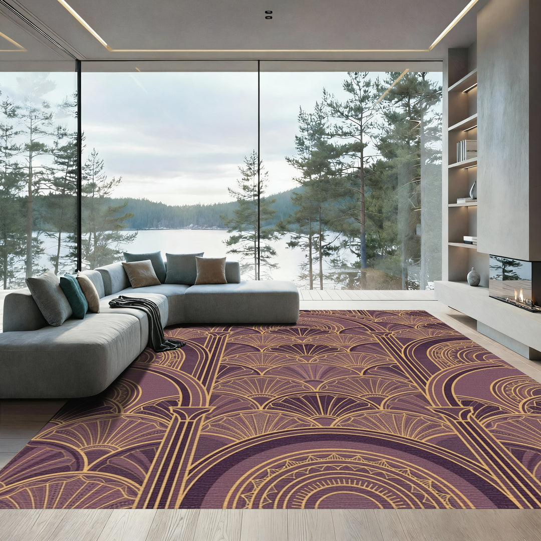 Art Deco Plum Gold Geometric Arches Rug