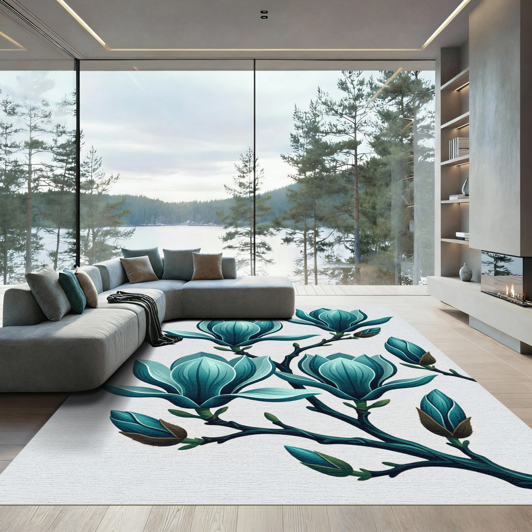 Teal Magnolia Blossom Branch Accent Rug