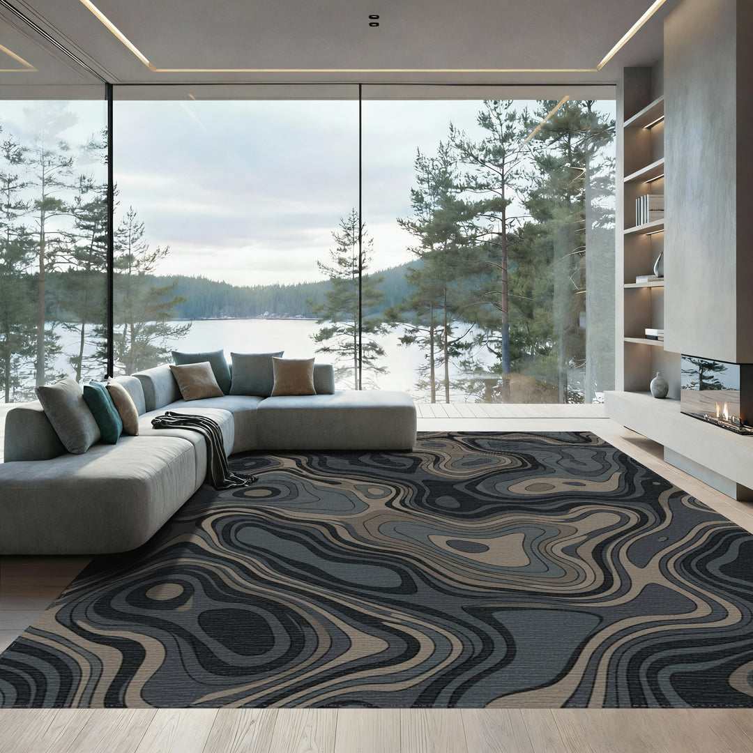 Dark Gray Earthy Topographic Contour Rug