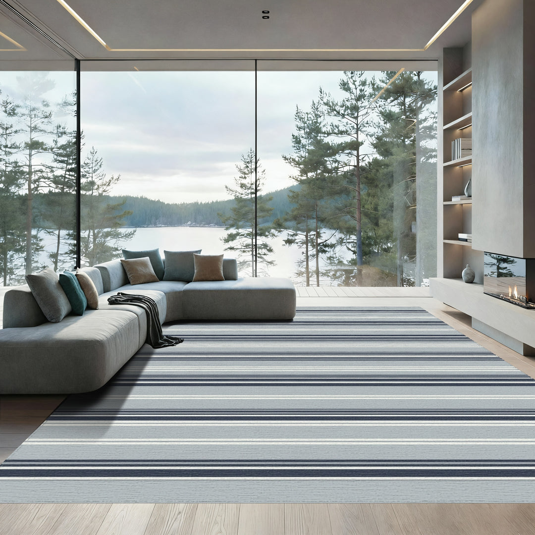 Cool Gray Navy Blue Striped Rug