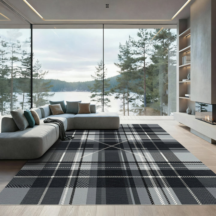 Classic Black Gray Interlocking Plaid Rug