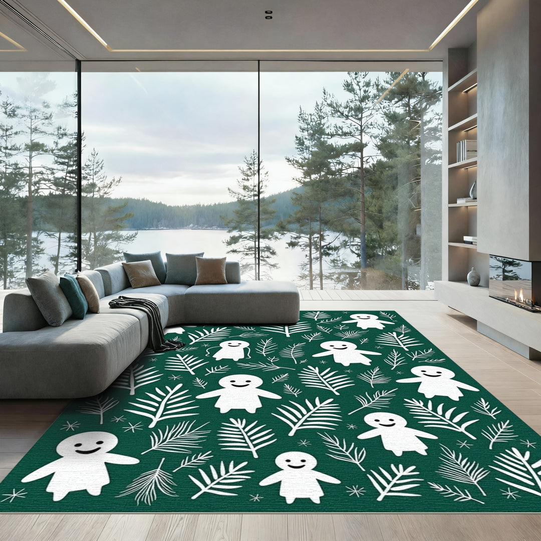Green White Figurine Floral Evergreen Rug