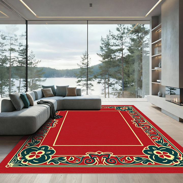 Red Teal Floral Scroll Border Rug