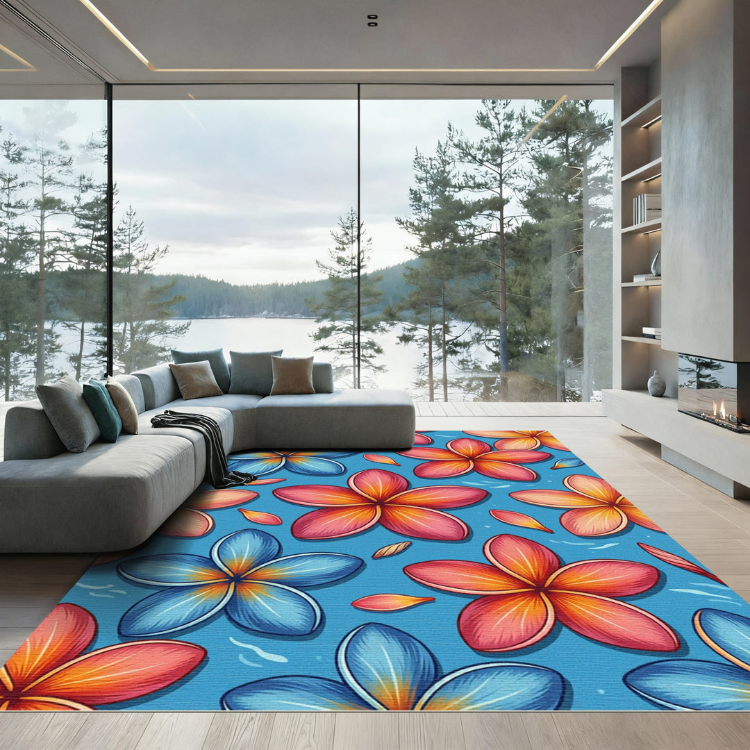 Vibrant Blue Pink Plumeria Flower Rug