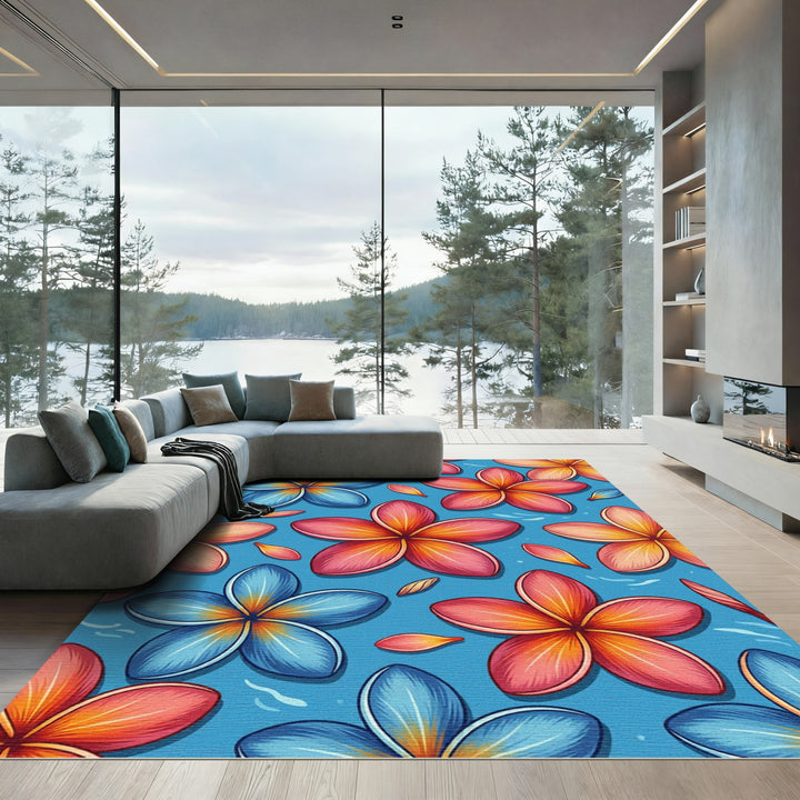 Vibrant Blue Pink Plumeria Flower Rug