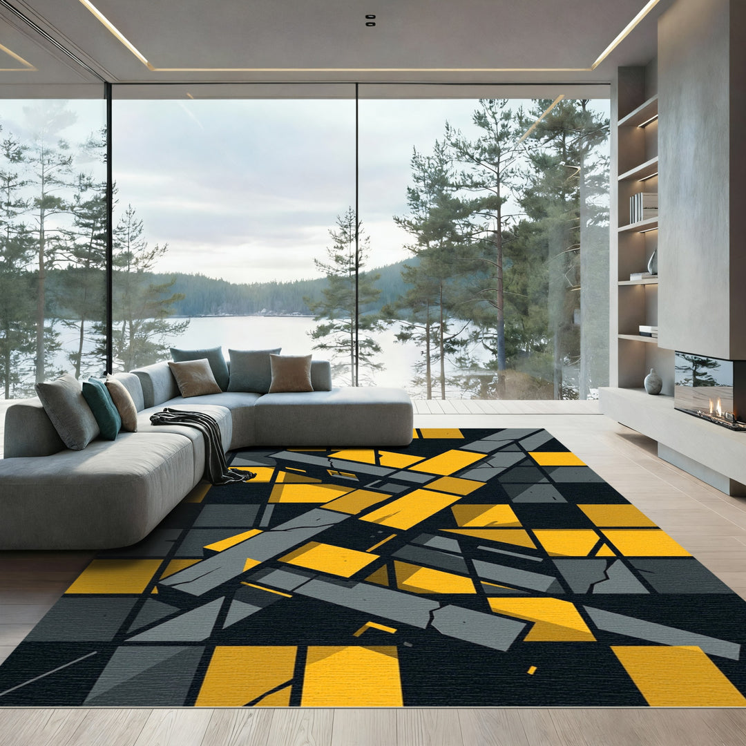 Bold Yellow Gray Geometric Fracture Rug