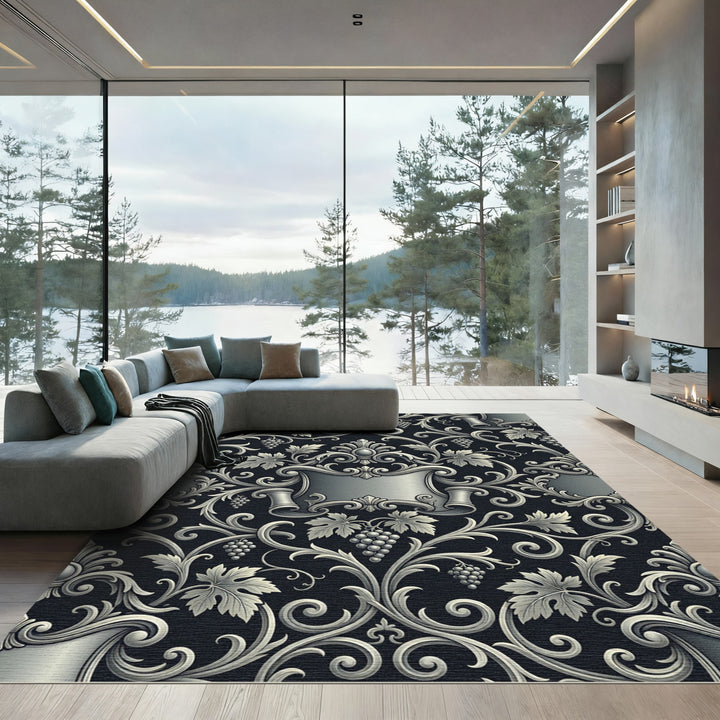 Elegant Silver Grapevine Scroll Artwork Rug