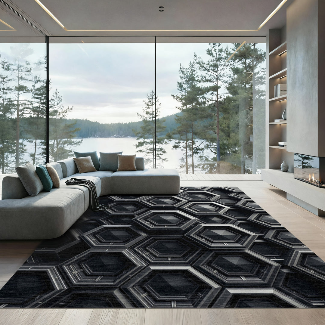 Dark Gray Geometric Hexagonal Structure Rug