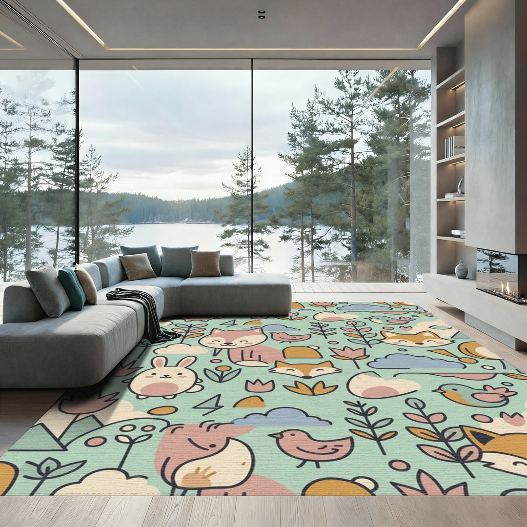 Cute Woodland Critters and Flowers Rug