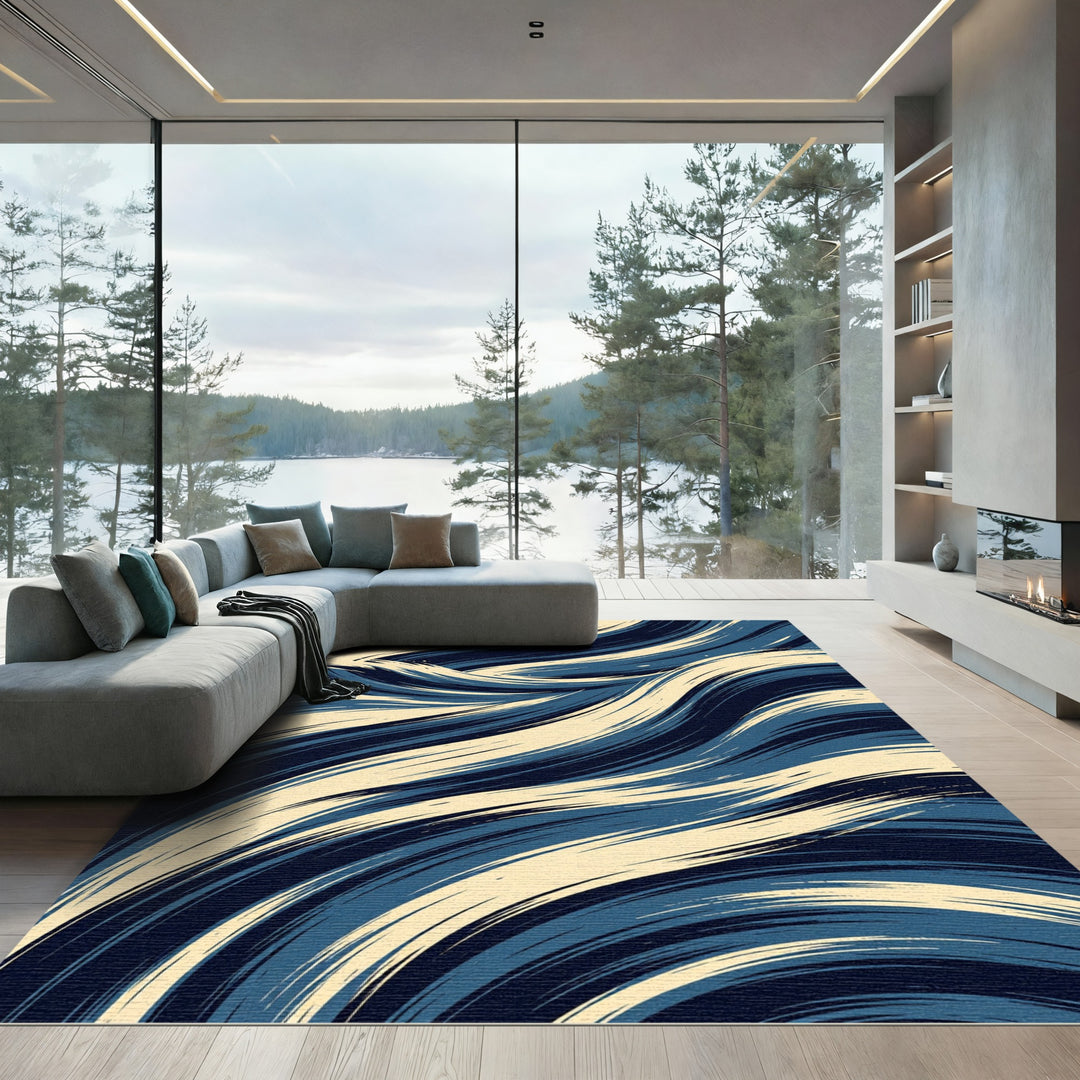 Navy Ivory Swirling Brushstroke Rug