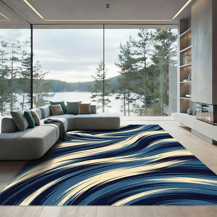 Navy Ivory Swirling Brushstroke Rug