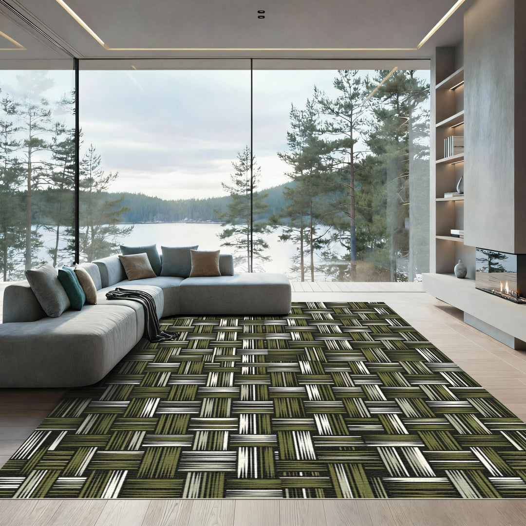 Woven Olive Green Abstract Rectangle Rug