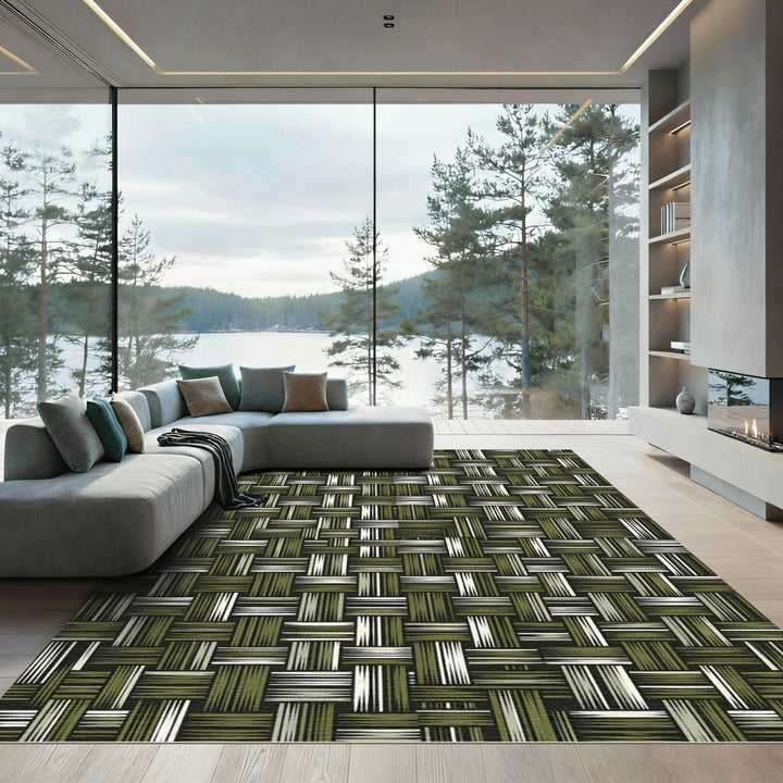 Woven Olive Green Abstract Rectangle Rug