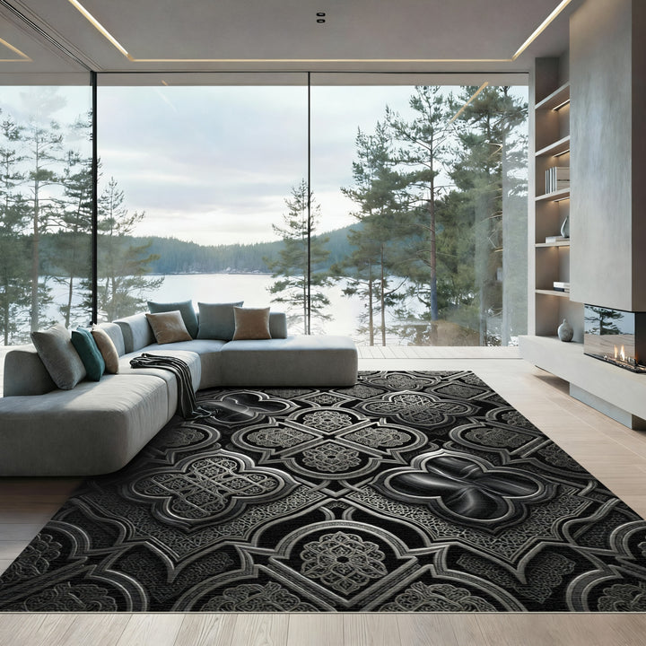 Ornate Black Silver Quatrefoil Tile Rug