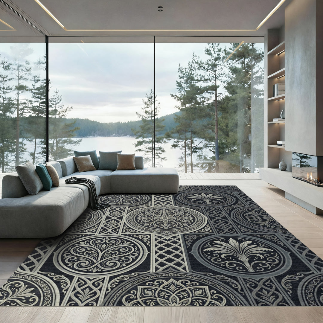 Elegant Silver Damask Geometric Rug