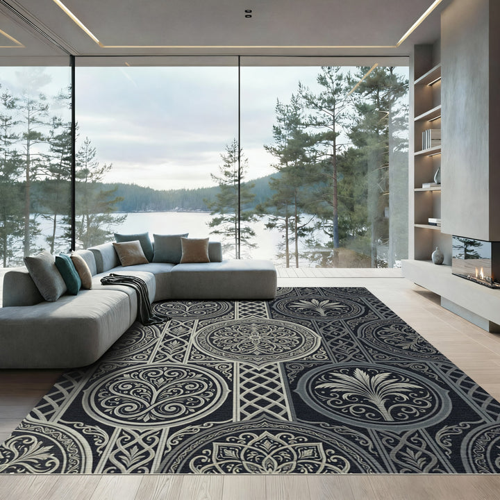 Elegant Silver Damask Geometric Rug