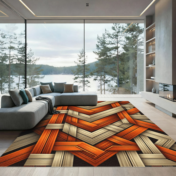 Orange Beige Interwoven Geometric Abstraction Rug