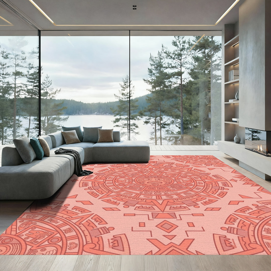 Coral Sunrise Mesoamerican Sun Stone Rug