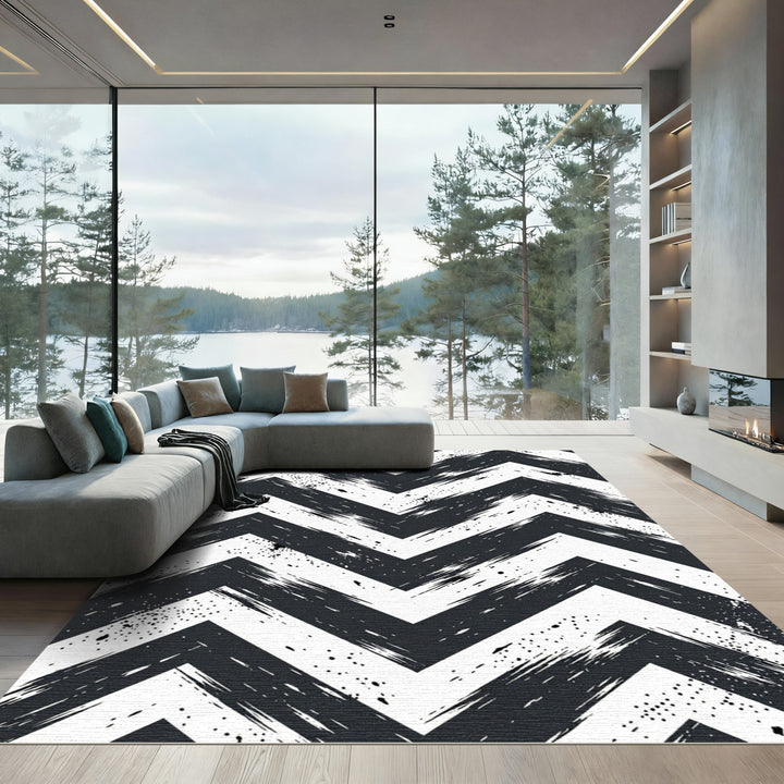 Black White Distressed Chevron Rug