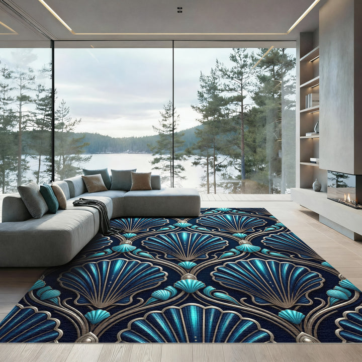 Deep Teal Scallop Art Deco Rug