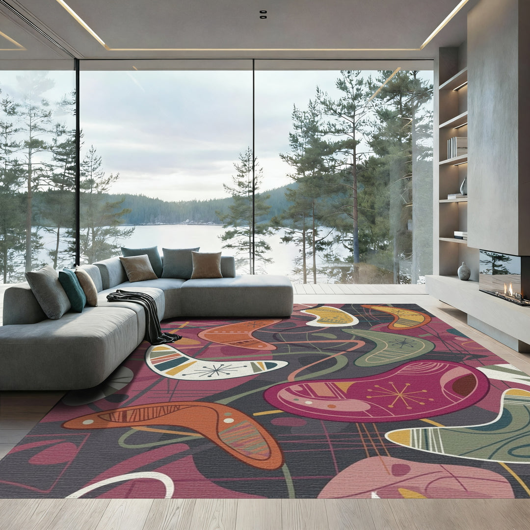 Retro Boomerang Shapes Red Green Yellow Rug