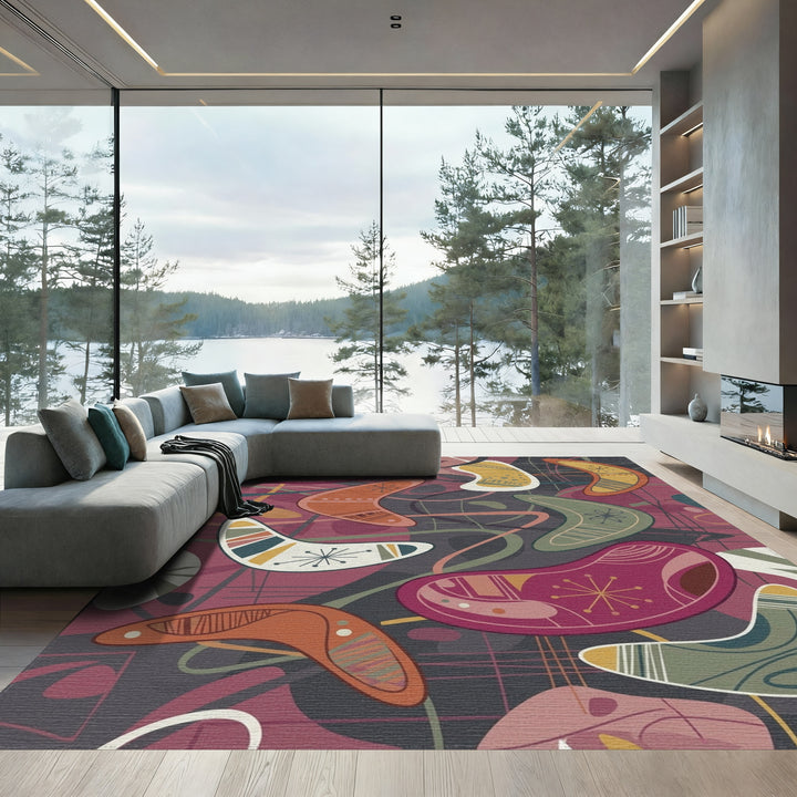 Retro Boomerang Shapes Red Green Yellow Rug