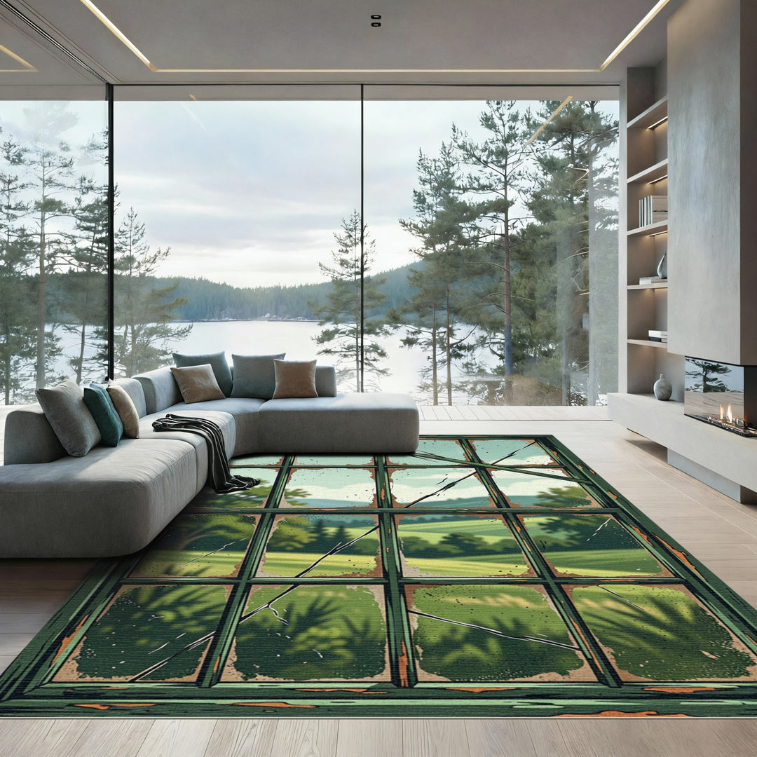 Vintage Green Broken Scenery Window Rug