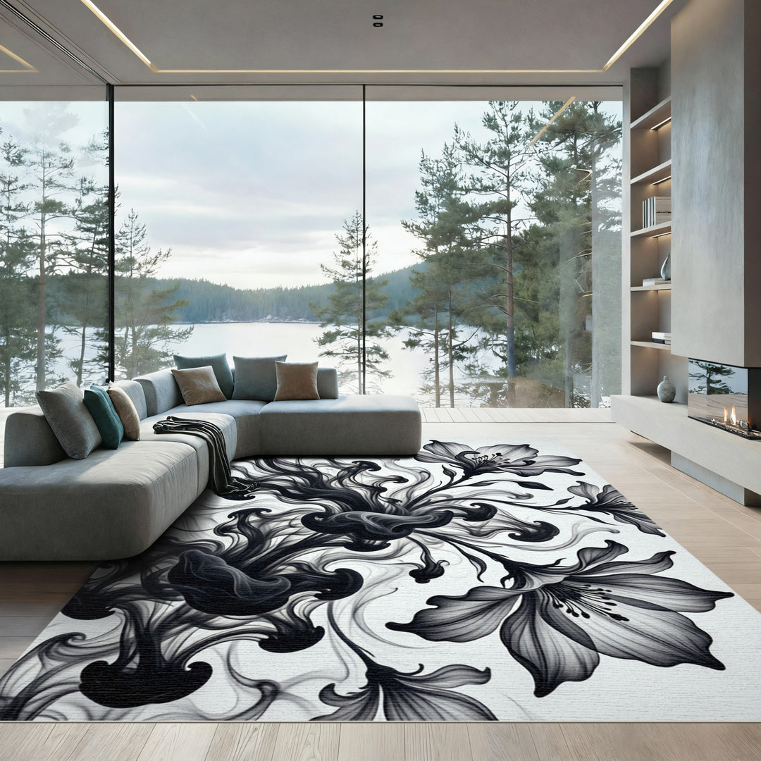 Black Ink Floral Swirl Rug