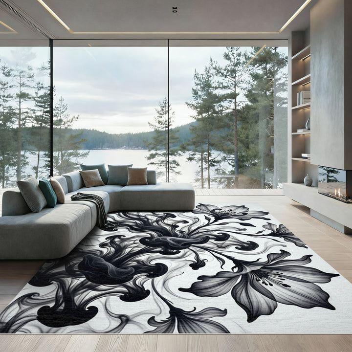 Black Ink Floral Swirl Rug
