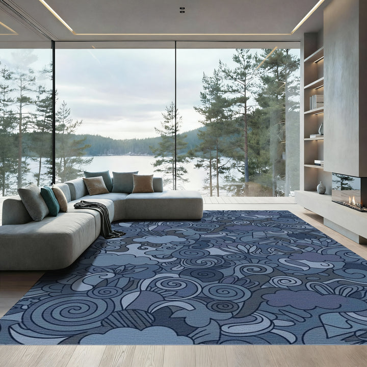 Moody Blue Abstract Swirl Clouds Rug