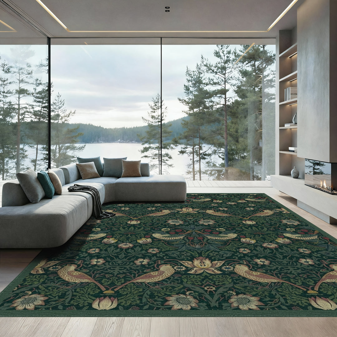Dark Green Bird Floral Garden Rug