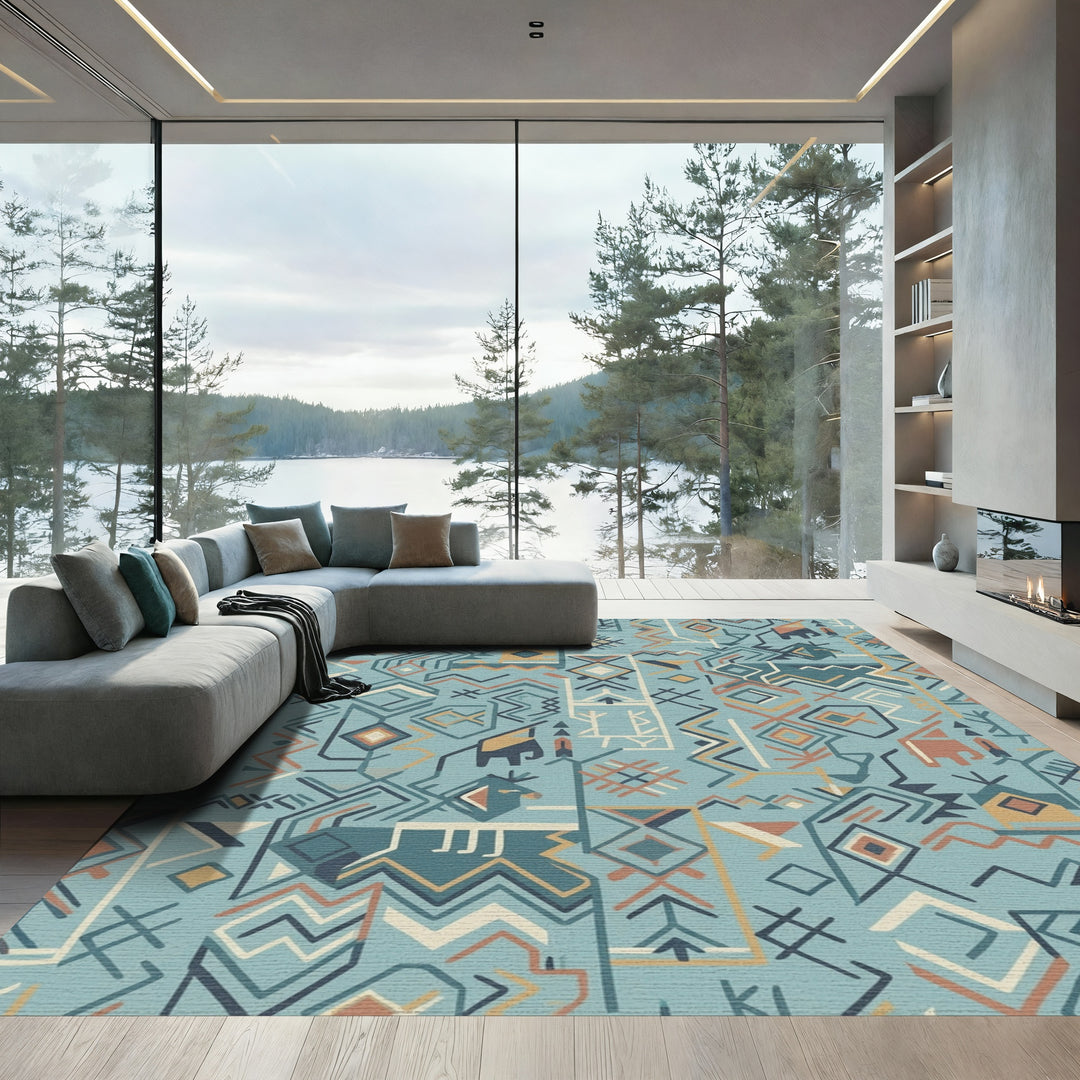 Teal Earthy Tone Animal Geometric Rug