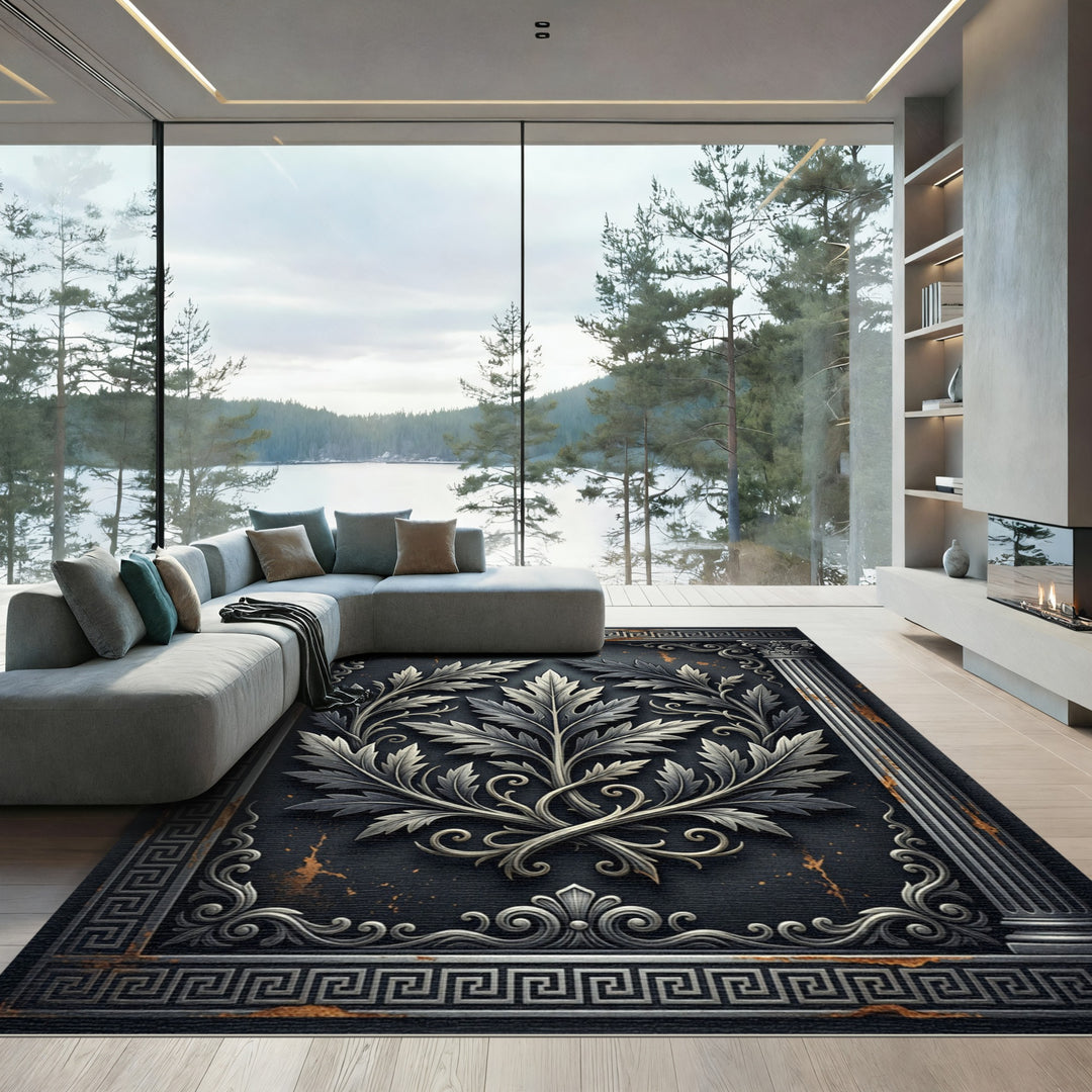 Antique Gray Baroque Leaf Scroll Rug