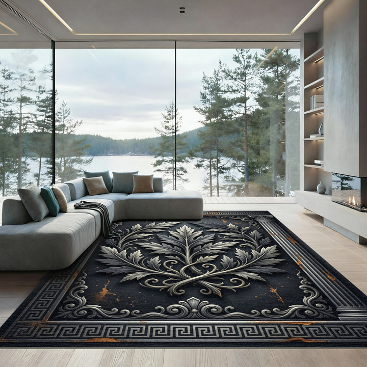 Antique Gray Baroque Leaf Scroll Rug