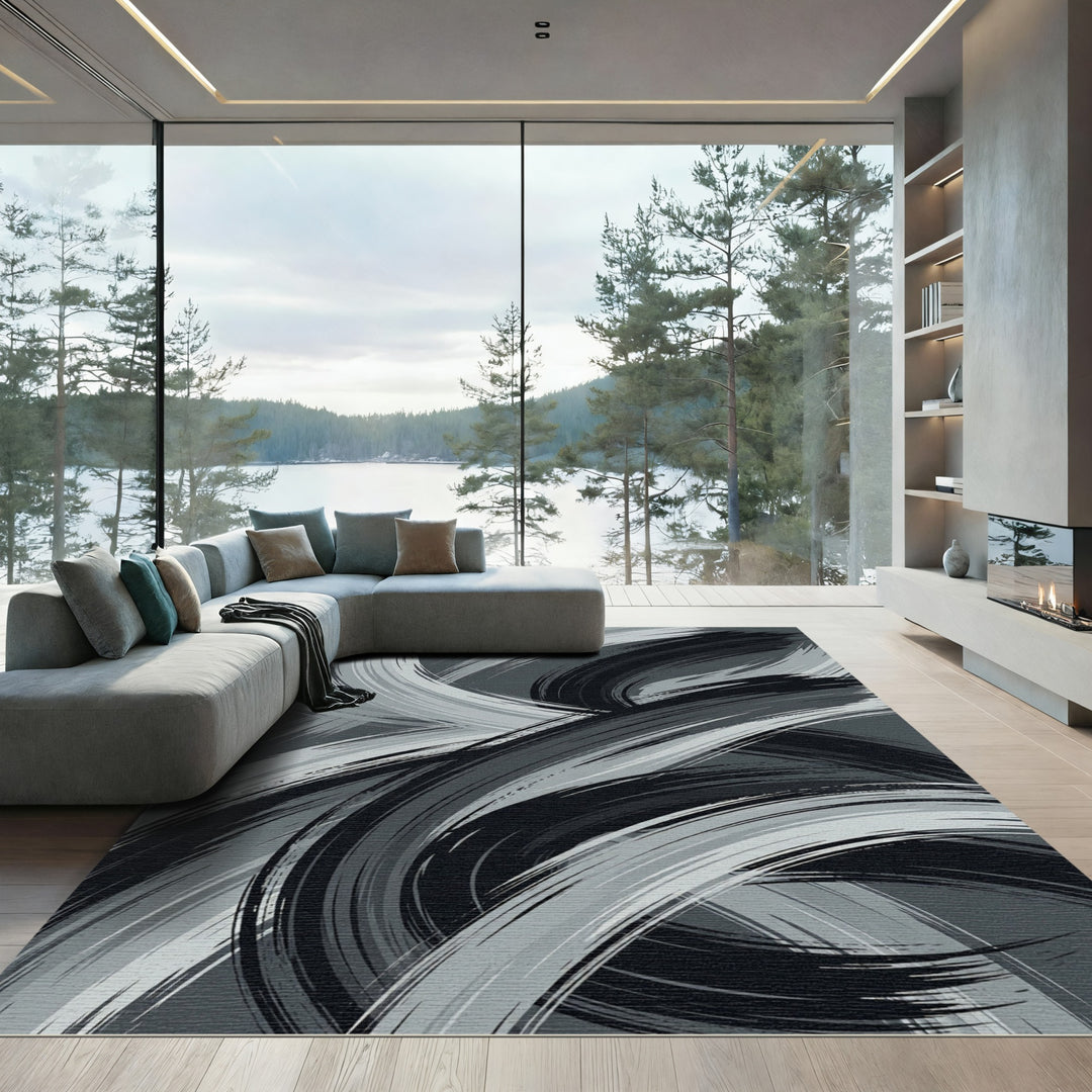 Abstract Gray Brushstroke Swirl Rug