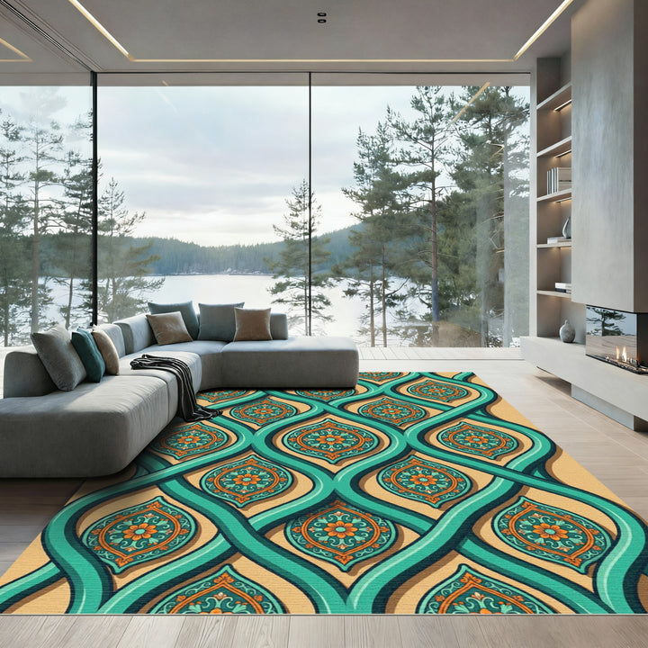 Turquoise Orange Medallion Art Deco Rug