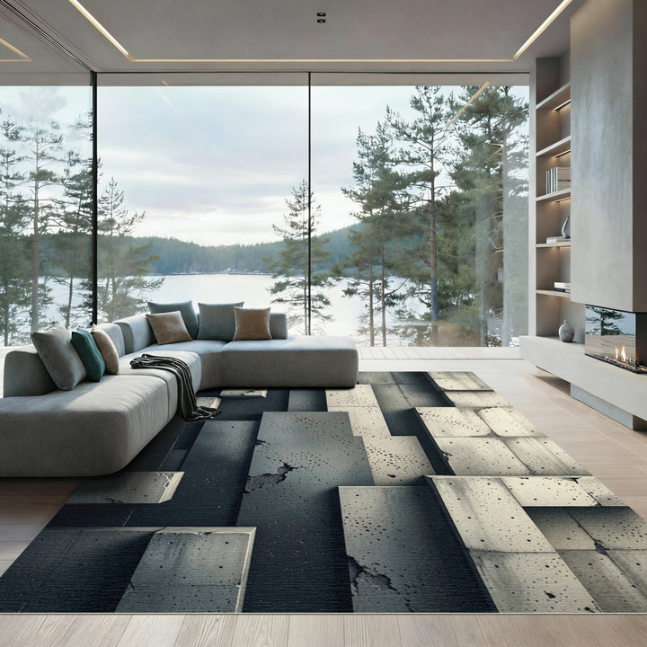 Concrete Block Textured Abstract Rug