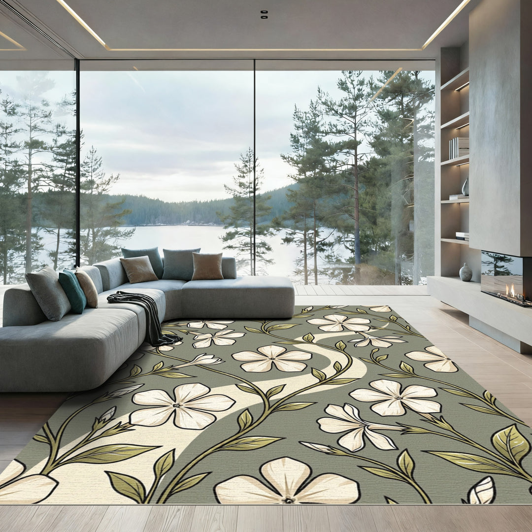 Cream Periwinkle Vine Silhouette Rug