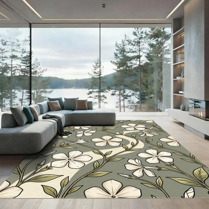 Cream Periwinkle Vine Silhouette Rug