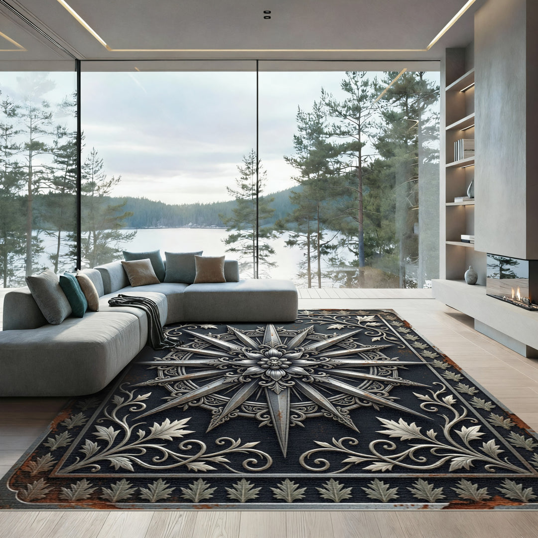 Ornate Silver Compass Rose Rug
