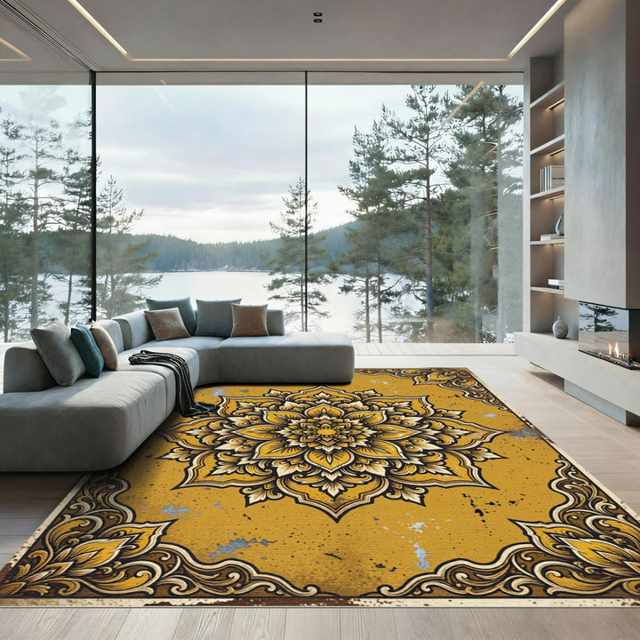 Golden Yellow Ornate Mandala Rug