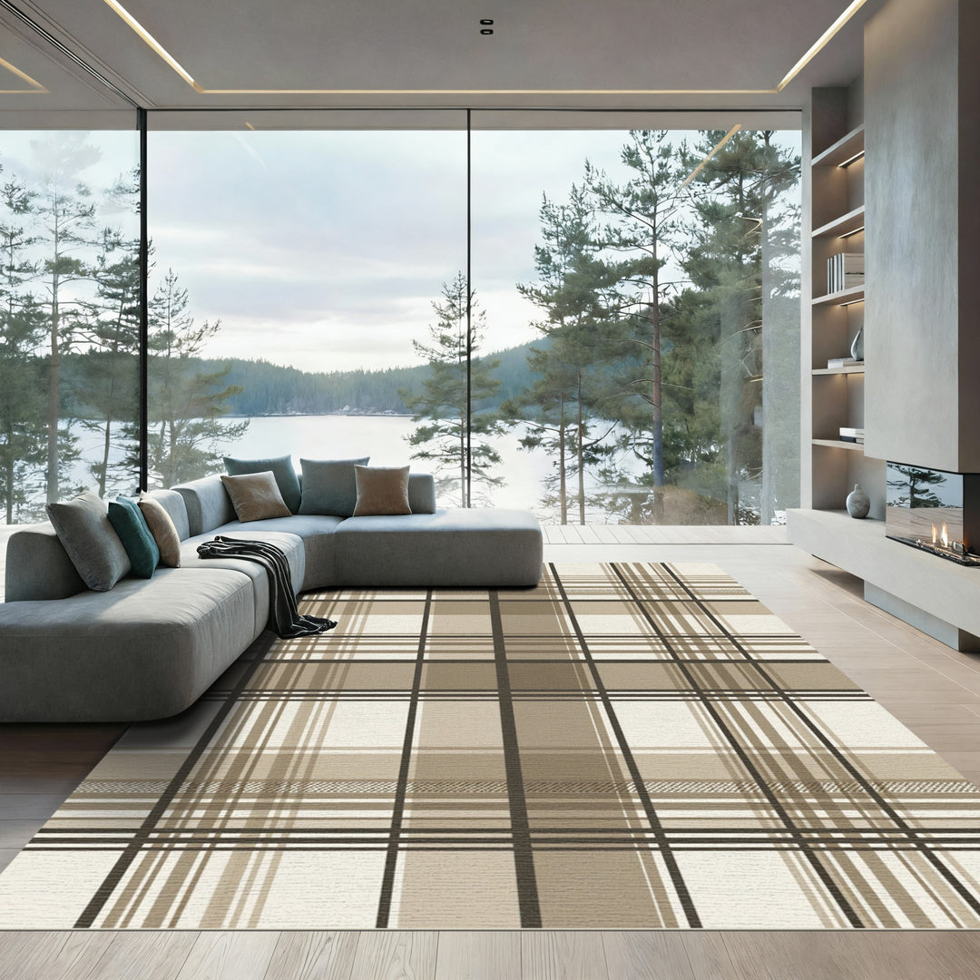 Classic Tan Plaid Square Rug